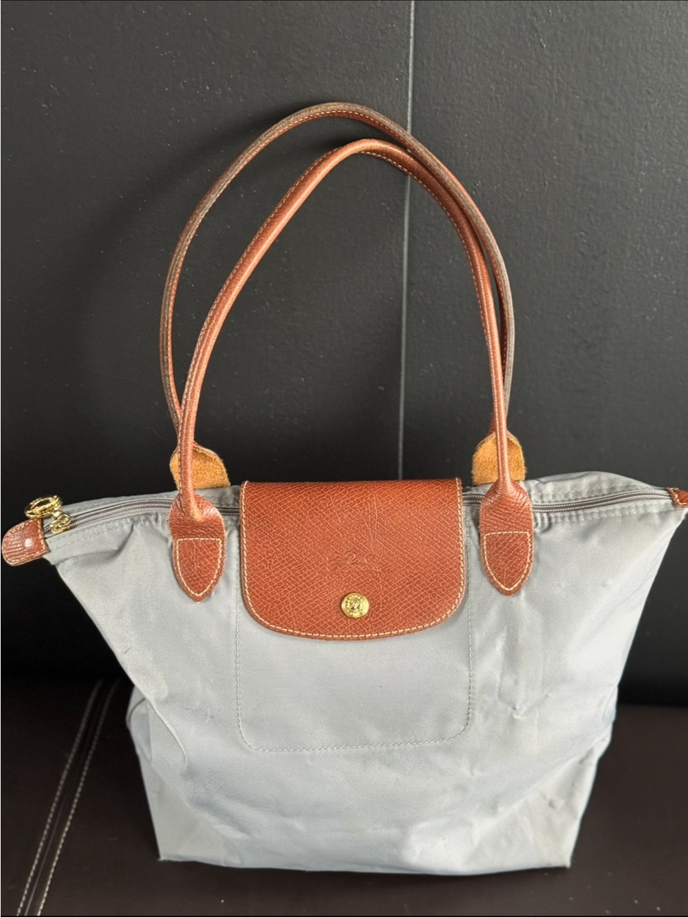 Longchamp Gray Tote with Brown Leather Trim
